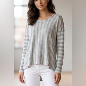 Theory Striped High Low Hem Dolman Sleeve Drop Shoulder Knit Top Gray White M
